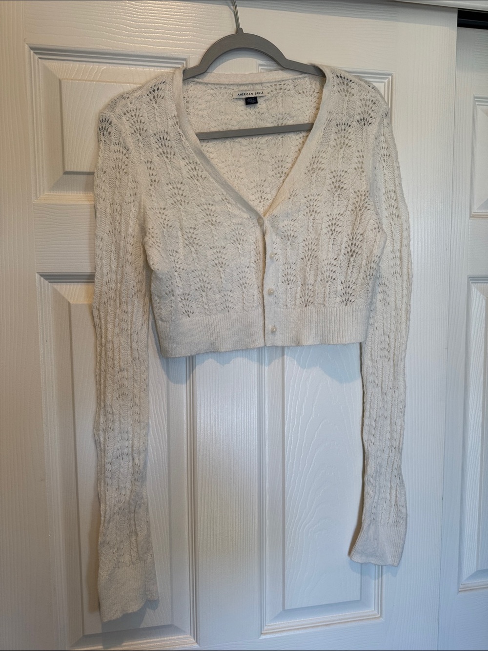 American Eagle Outfitters Cream Openwork V-Neck Cropped Cardigan